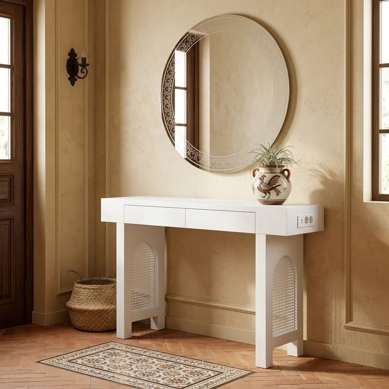 Console blanche pieds en rotin 2 tiroirs et avec prises & USB 120x35,5x76,5 cm MOMENTUMCLAR