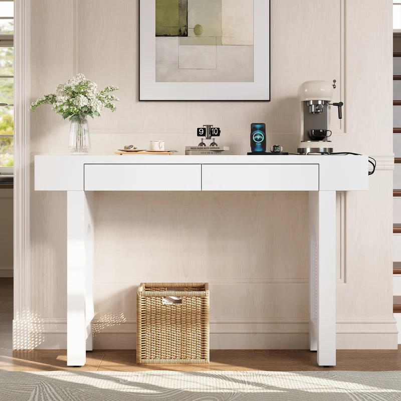 Console blanche pieds en rotin 2 tiroirs et avec prises & USB 120x35,5x76,5 cm MOMENTUMCLAR