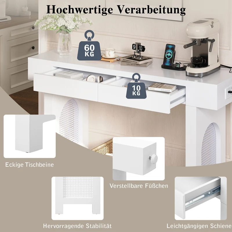 Console blanche pieds en rotin 2 tiroirs et avec prises & USB 120x35,5x76,5 cm MOMENTUMCLAR
