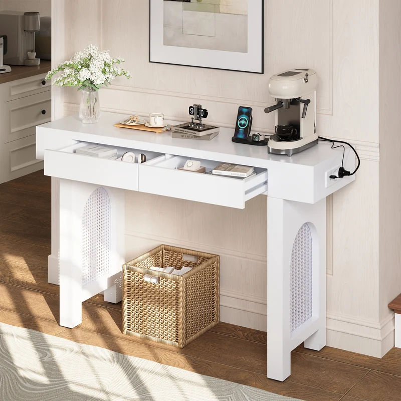 Console blanche pieds en rotin 2 tiroirs et avec prises & USB 120x35,5x76,5 cm MOMENTUMCLAR