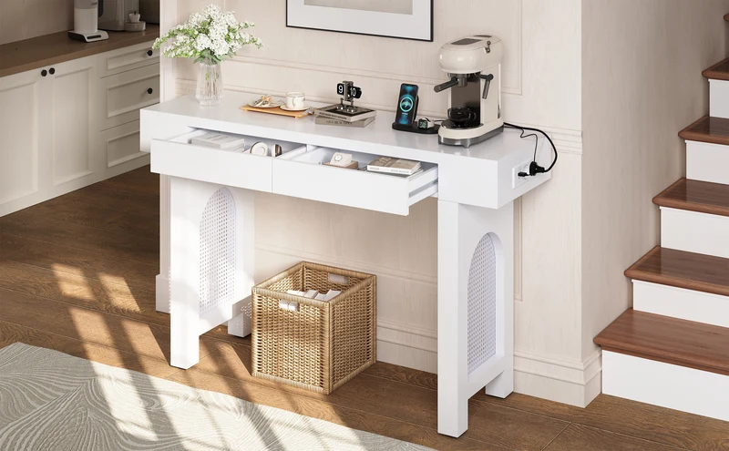 Console blanche pieds en rotin 2 tiroirs et avec prises & USB 120x35,5x76,5 cm MOMENTUMCLAR