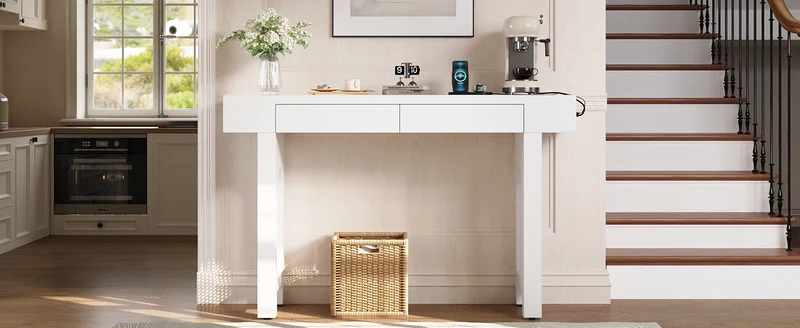 Console blanche pieds en rotin 2 tiroirs et avec prises & USB 120x35,5x76,5 cm MOMENTUMCLAR