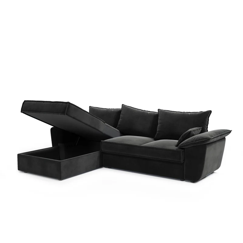 Canapé d'angle gauche convertible SASHA Velours - Avec coffre de rangement