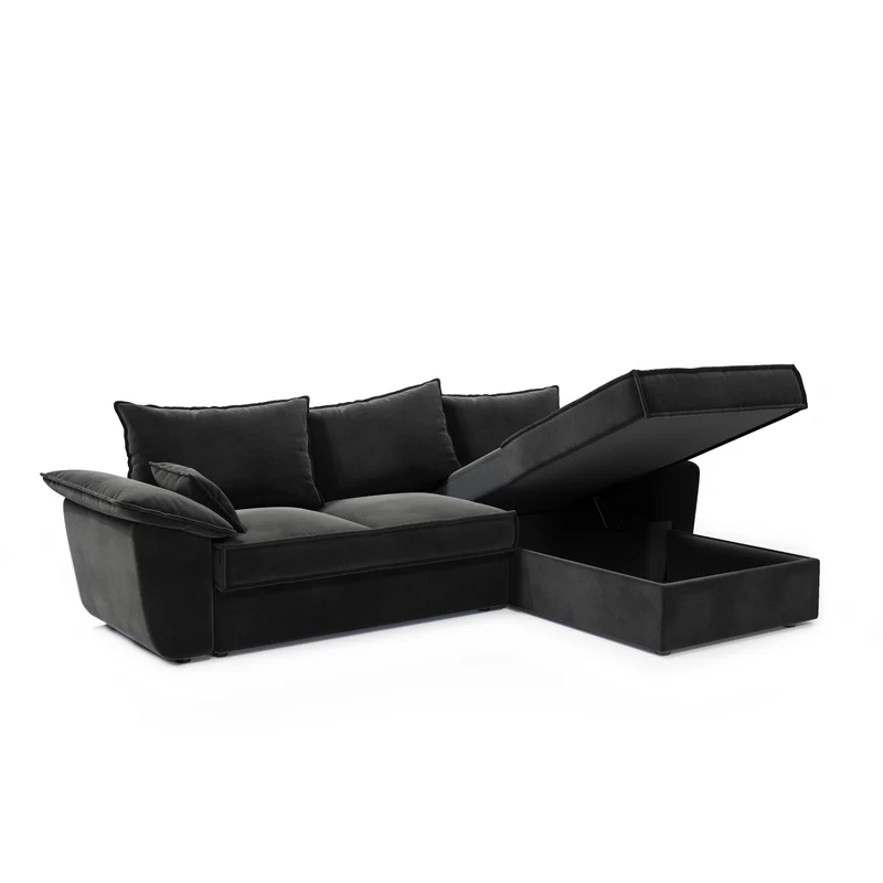 Canapé d'angle droit convertible SASHA Velours - Avec coffre de rangement