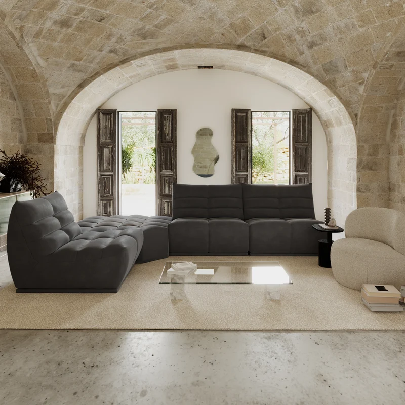 Canapé grand angle droit ou gauche modulable JODY Tissu effet cuir vintage