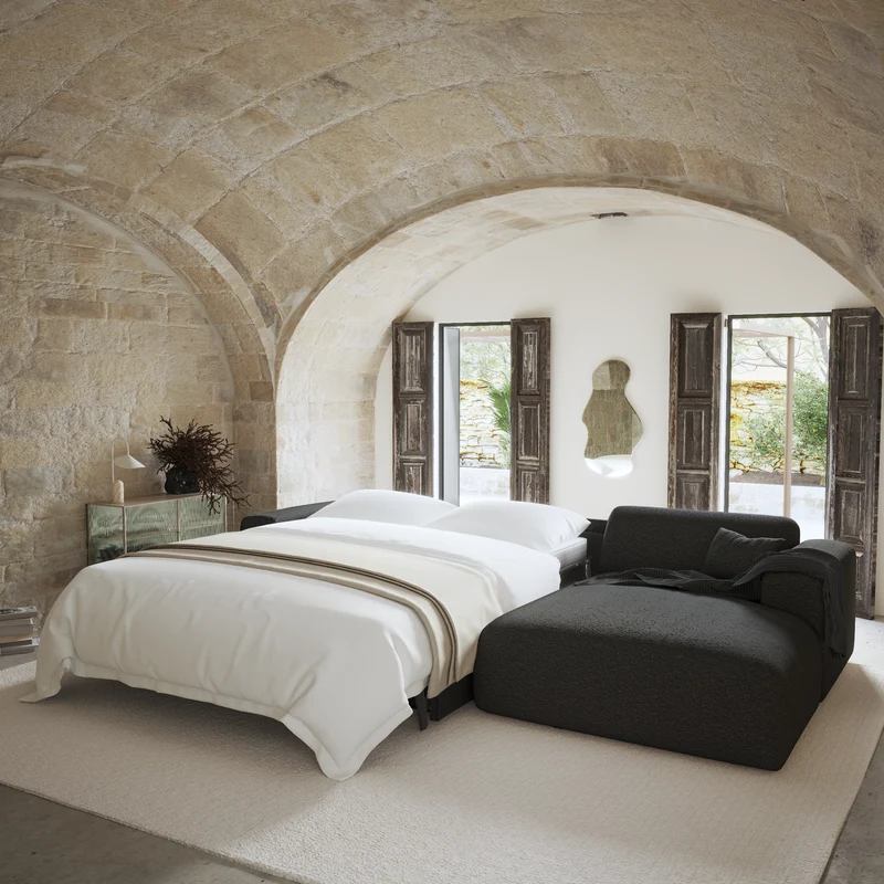 Canapé angle droit convertible express matelas Dunlopillo 140cm MYRA Tissu bouclette