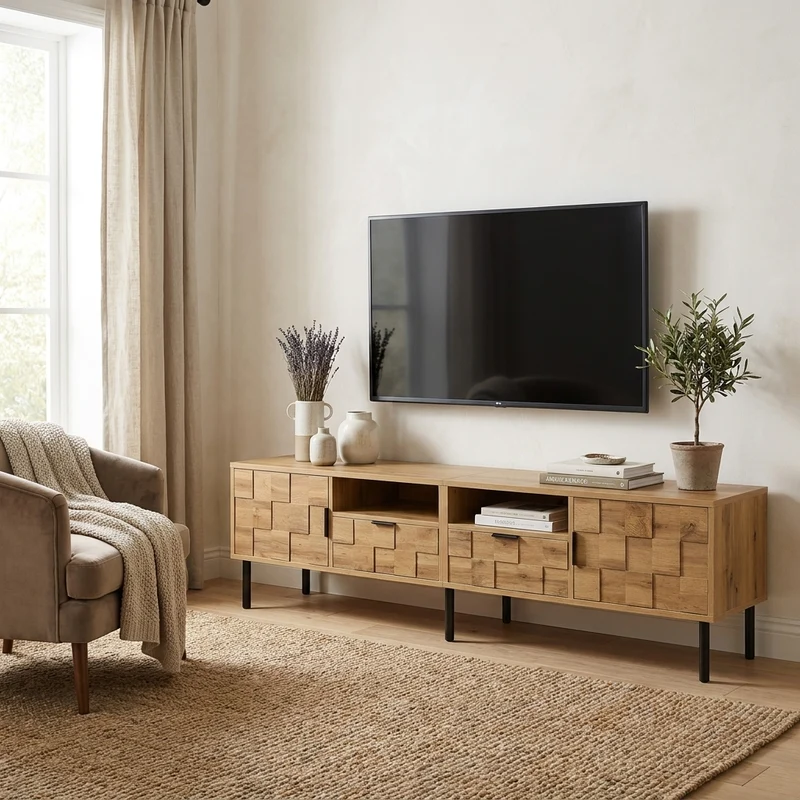 Meuble TV effet bois naturel design dammier 2 portes 2 tiroirs 160cm ADJUSTPLASTICPRO