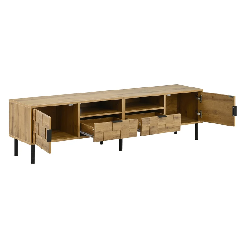 Meuble TV effet bois naturel design dammier 2 portes 2 tiroirs 160cm ADJUSTPLASTICPRO