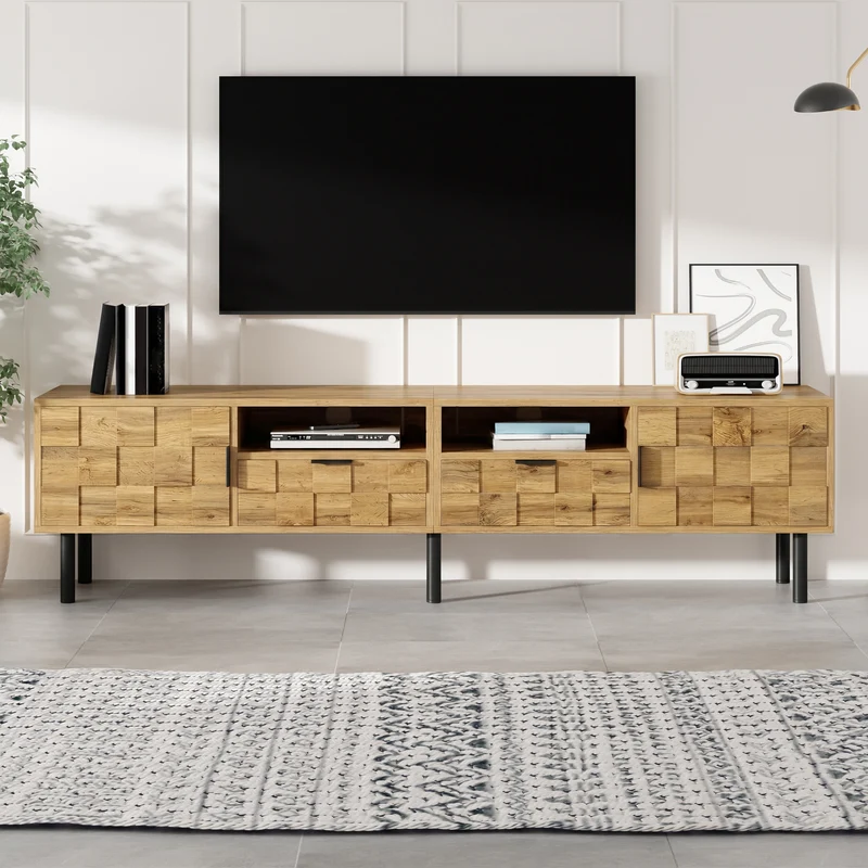 Meuble TV effet bois naturel design dammier 2 portes 2 tiroirs 160cm ADJUSTPLASTICPRO