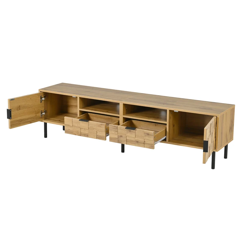 Meuble TV effet bois naturel design dammier 2 portes 2 tiroirs 160cm ADJUSTPLASTICPRO