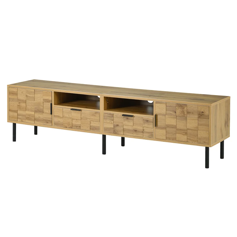 Meuble TV effet bois naturel design dammier 2 portes 2 tiroirs 160cm ADJUSTPLASTICPRO