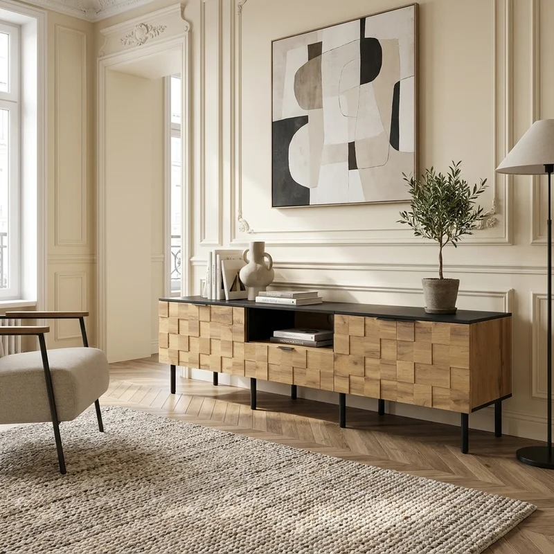 Meuble TV effet bois design damier 2 portes 1 tiroir 170cm ADJUSTSILKPRO