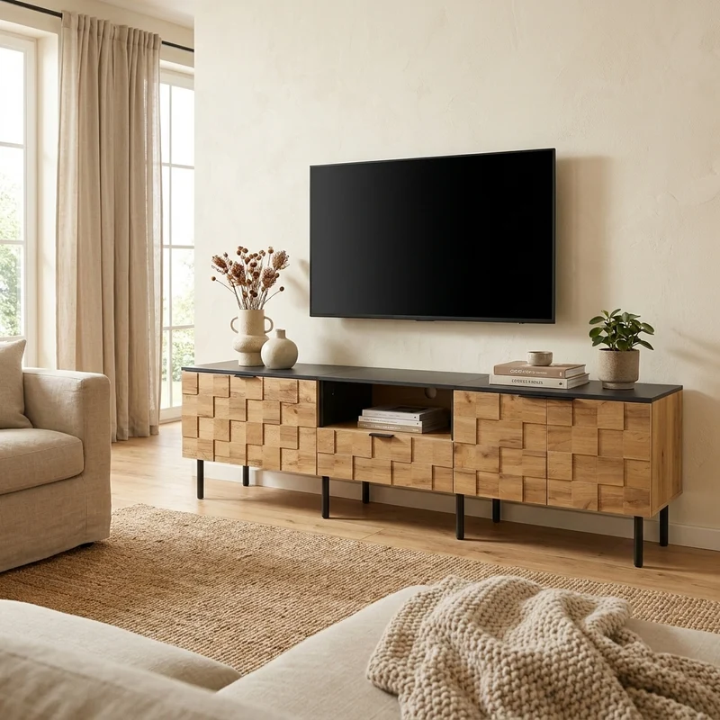 Meuble TV effet bois design damier 2 portes 1 tiroir 170cm ADJUSTSILKPRO