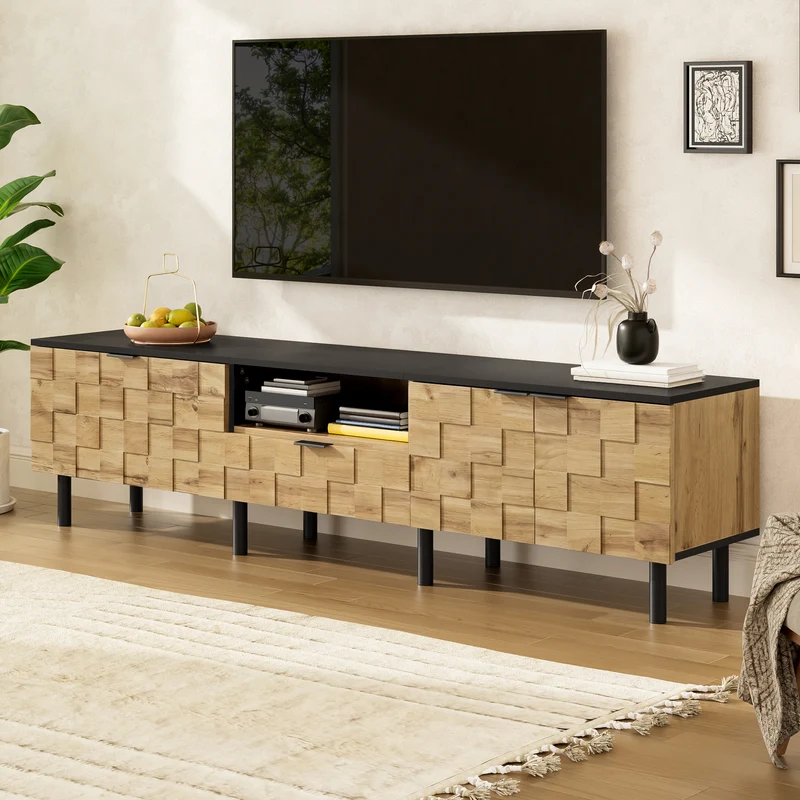Meuble TV effet bois design damier 2 portes 1 tiroir 170cm ADJUSTSILKPRO