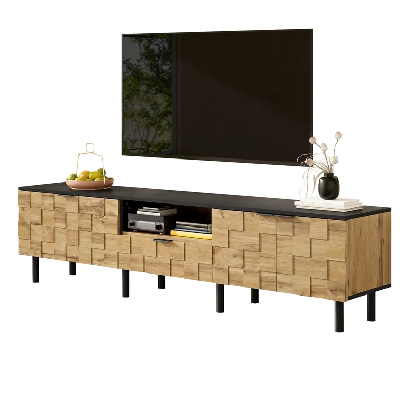 Meuble TV effet bois design damier 2 portes 1 tiroir 170cm ADJUSTSILKPRO
