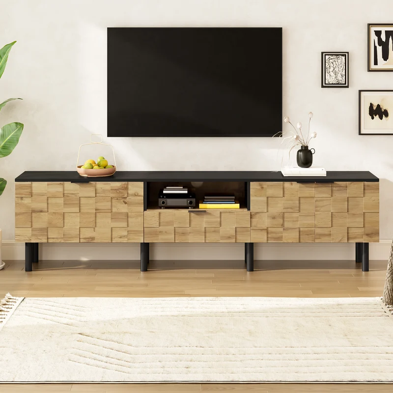 Meuble TV effet bois design damier 2 portes 1 tiroir 170cm ADJUSTSILKPRO