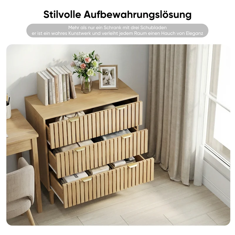 Buffet design latte effet chêne 3 tiroirs 80x39x80cm PEARLPINNACLE