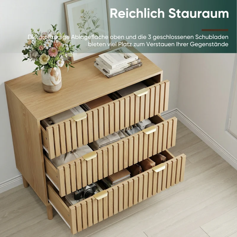 Buffet design latte effet chêne 3 tiroirs 80x39x80cm PEARLPINNACLE
