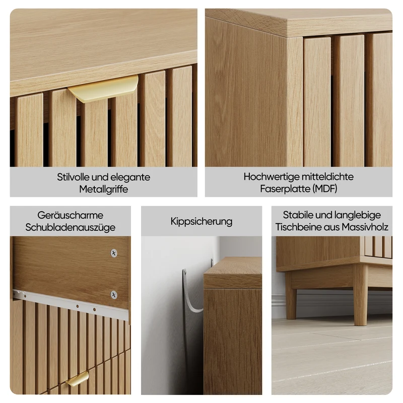 Buffet design latte effet chêne 3 tiroirs 80x39x80cm PEARLPINNACLE