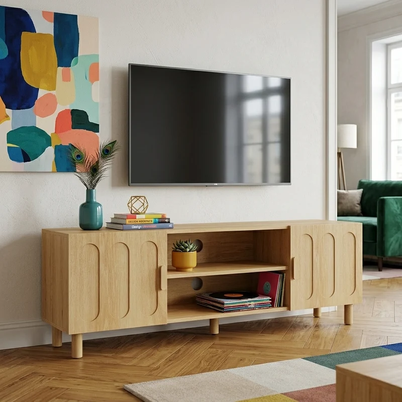 Meuble TV effet chêne 2 portes détails arrondis 140x40x46cm ADJUSTALUMINUMPRIME
