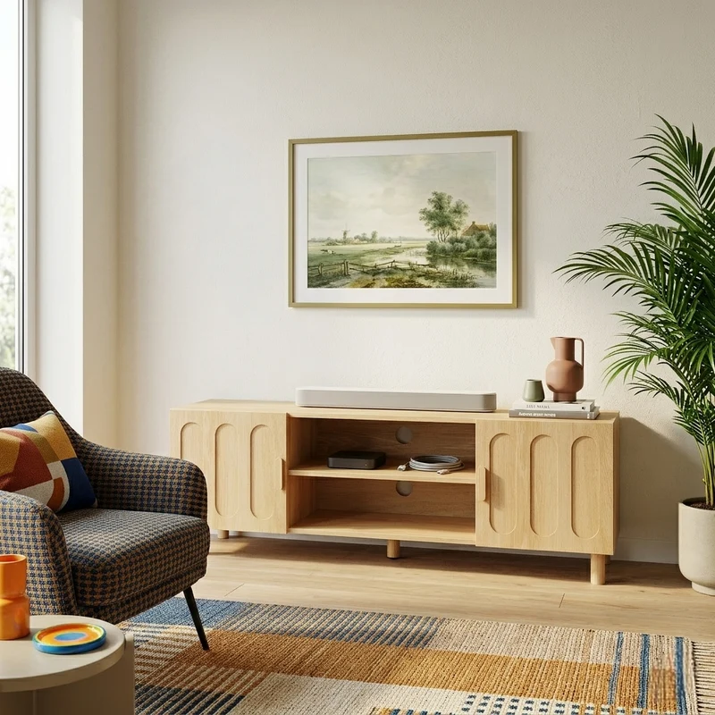 Meuble TV effet chêne 2 portes détails arrondis 140x40x46cm ADJUSTALUMINUMPRIME