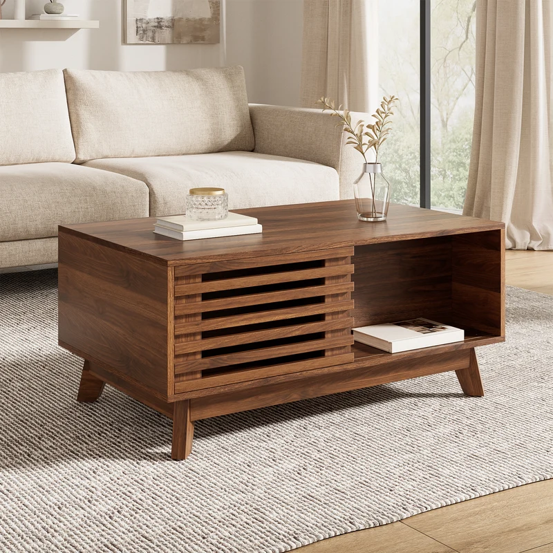 Table basse revelable réglable en hauteur effet noyer 90x55x57,5 cm ADJUSTCHEST