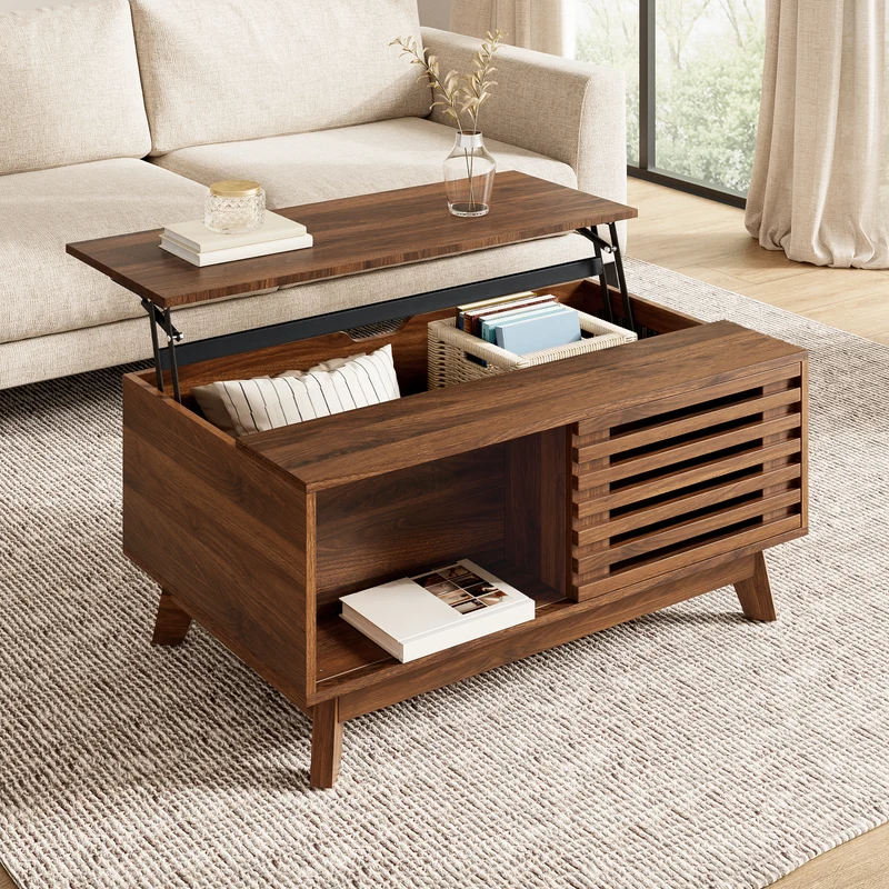 Table basse revelable réglable en hauteur effet noyer 90x55x57,5 cm ADJUSTCHEST