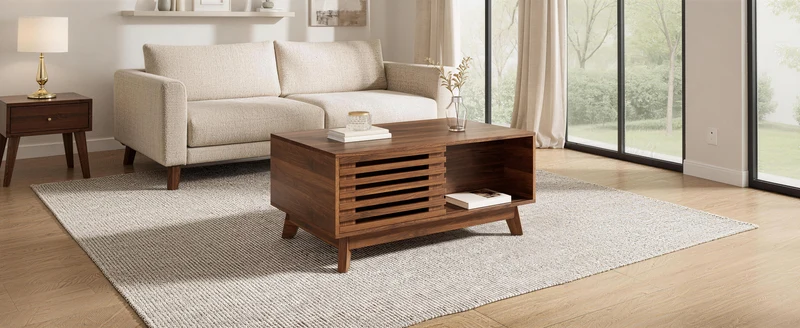 Table basse revelable réglable en hauteur effet noyer 90x55x57,5 cm ADJUSTCHEST