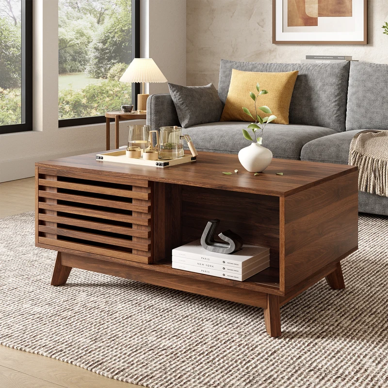 Table basse revelable réglable en hauteur effet noyer 90x55x57,5 cm ADJUSTCHEST