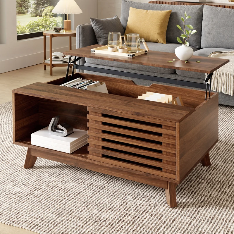 Table basse revelable réglable en hauteur effet noyer 90x55x57,5 cm ADJUSTCHEST