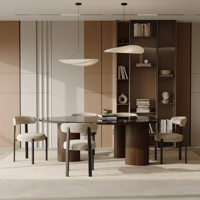 Table à manger LUCCA marbre naturel et bois noyer foncé 160cm