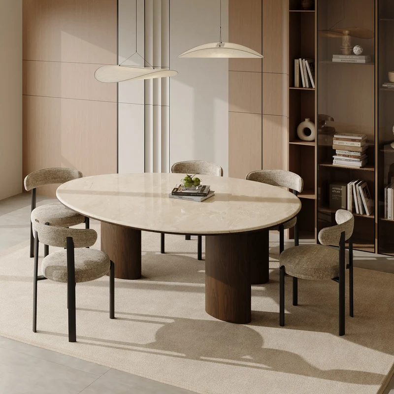 Table à manger LUCCA marbre naturel et bois noyer foncé 160cm