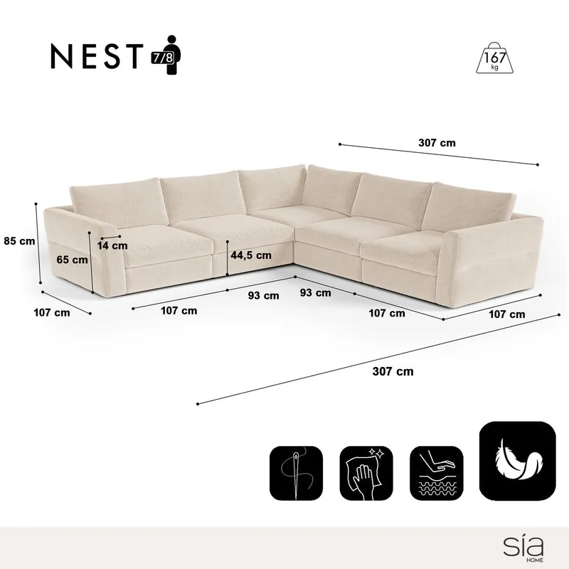 Canapé d'angle panoramique modulable 7-8 places NEST tissu tramé toucher doux beige