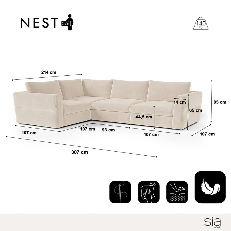 Canapé d'angle gauche modulable 5-6 places NEST tissu tramé toucher doux beige