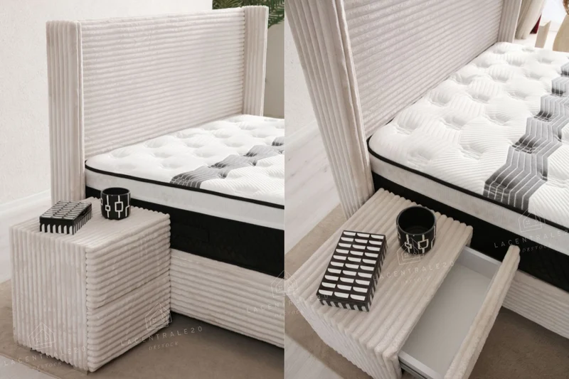 Lit coffre - Tissu côtelé - Blanc - Clara