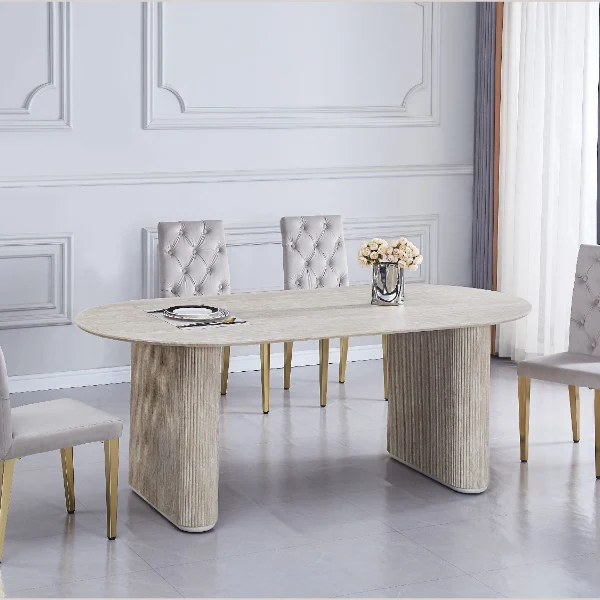 Table à manger - Effet en bois MDF façon Travertin - Ovale - Roxanne