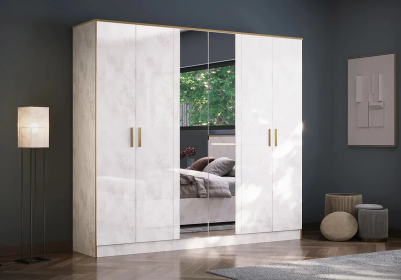 Chambre complète marbre beige or laqué LED – NOEMI