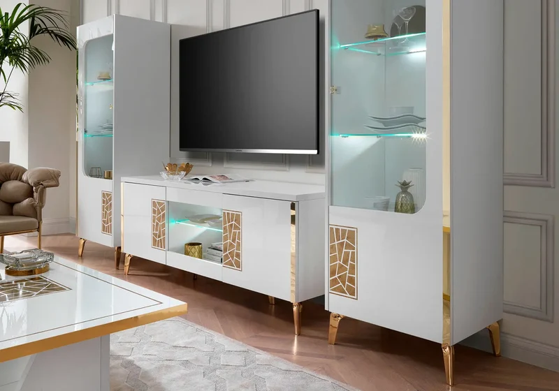 Meuble tv laqué blanc doré STELLA