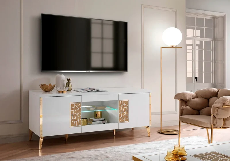 Meuble tv laqué blanc doré STELLA