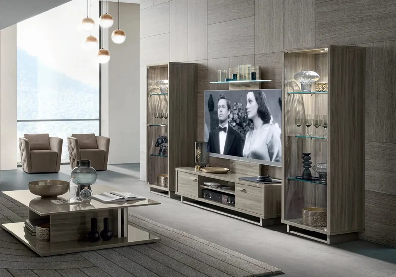 Ensemble meuble TV noyer nickel laquée LEILA
